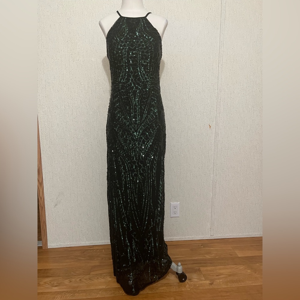 Camille La Vie, Strappy Back Sequin Halter,  Forest Green Evening Gown 2P